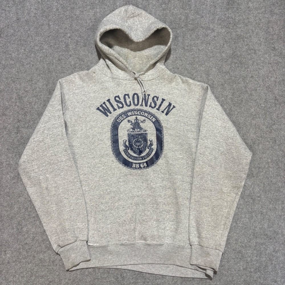 Vintage Soffe USS Wisconsin BB 64 Hoodie Mens Large Gray Military Sweatshirt USA